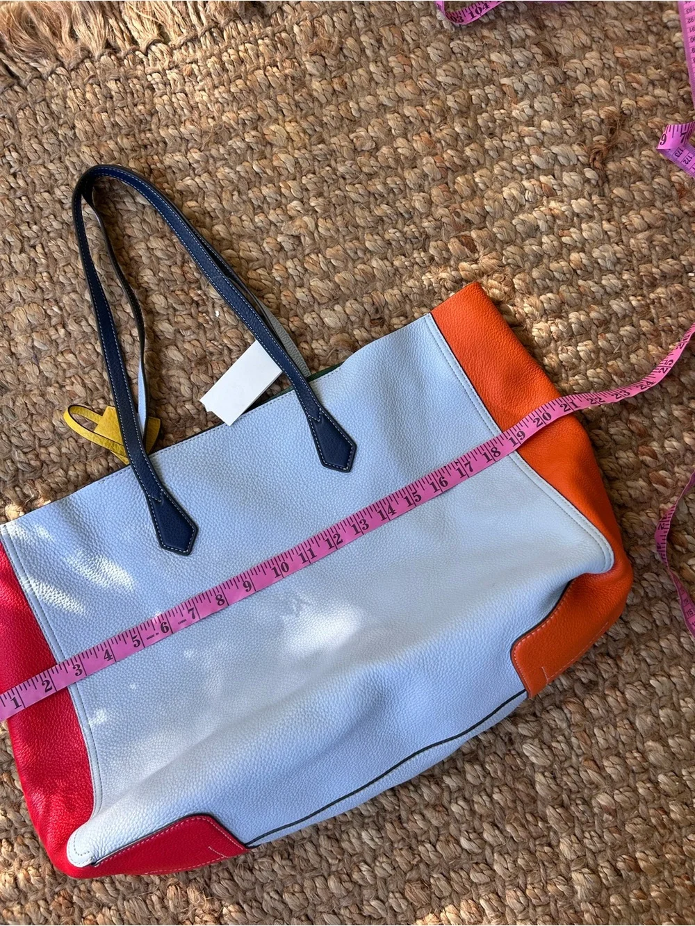 Tory Burch baby blue Pebbled Leather Tote with Orange, Red & Yellow Accents
